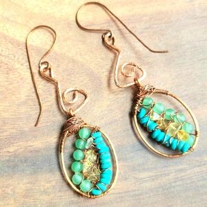 Wirewrapped Copper and Turquoise Earrings, Summer Jewelry, Unique Gift for Her